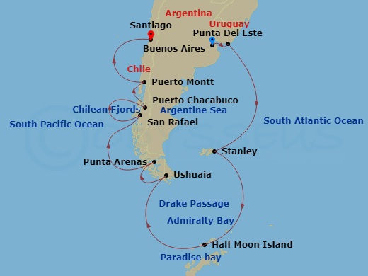 Seven Seas Splendor - 18 Night - Antarctica & the Chilean Fjords - Seven Seas Splendor - Starting in Buenos Aires, Punta Del Este, Cruising the Atlantic Ocean, Port Stanley, Cruisi.. itinerary map