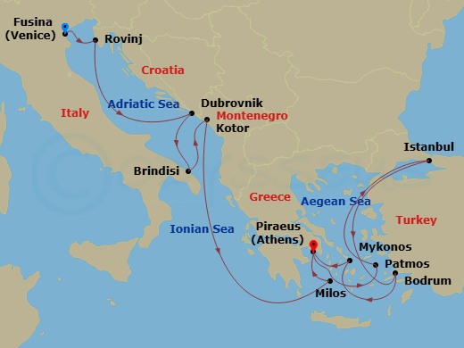 EXPLORA II - 14 Night - An Extended Journey of Historic Elegance & Wild Beauty - EXPLORA II - Starting in Fusina (Venice), Rovinj, Dubrovnik, Croatia, Brindisi, Kotor, Mil.. itinerary map
