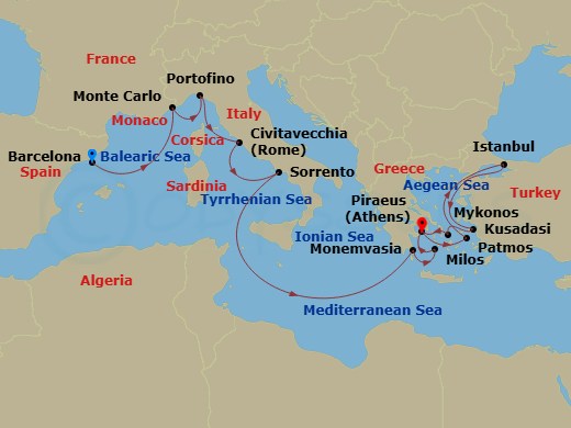 EXPLORA II - 16 Night - An Extended Journey of Colourful Cultures & Boundless Beauty - EXPLORA II - Starting in Barcelona, Monte Carlo, Portofino, Civitavecchia (Rome), So.. itinerary map
