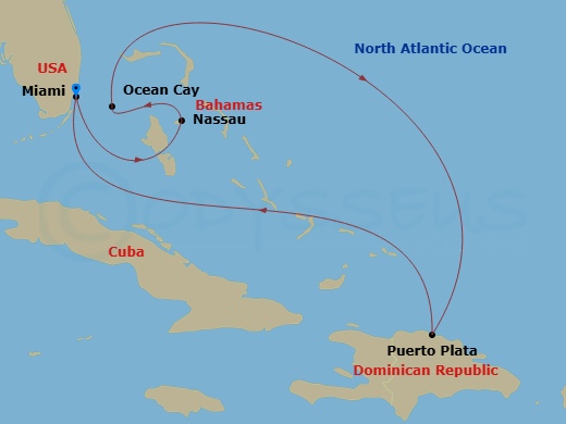 MSC Meraviglia - 6 Night - Caribbean and Antilles - MSC Meraviglia - Starting in Miami, Florida, Nassau, Bahamas, Ocean Cay Msc Marine Reserve, Bahamas, Puerto Plata, Dominica.. itinerary map