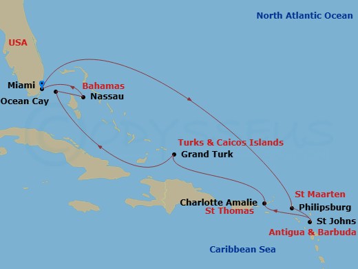 MSC Meraviglia - 14 Night - Caribbean and Antilles - MSC Meraviglia - Starting in Miami, Florida, Philipsburg, St Maarten, St Johns AG, Antigua, Charlotte Amalie (St Thomas) V.. itinerary map