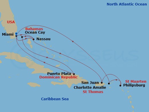 MSC Meraviglia - 14 Night - Caribbean and Antilles - MSC Meraviglia - Starting in Miami, Florida, Nassau, Bahamas, Ocean Cay Msc Marine Reserve, Bahamas, Puerto Plata, Dominic.. itinerary map