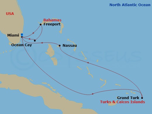 MSC Meraviglia - 10 Night - Caribbean and Antilles - MSC Meraviglia - Starting in Miami, Florida, Ocean Cay Msc Marine Reserve, Bahamas, Freeport, Bahamas, Miami, Florida, Gra.. itinerary map