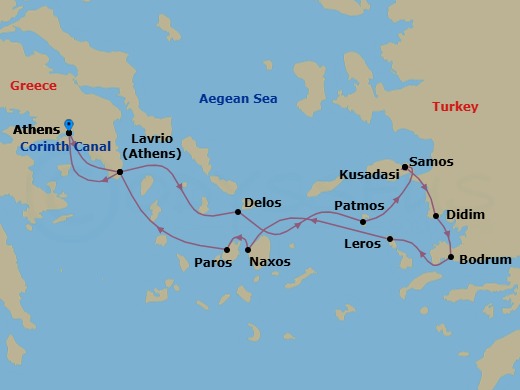 10 Night - Crossroads of the Ancient World : Exploring Greece and Turkey - National Geographic Orion - Starting in Athens, Greece / Lavrio / Embark Ship, Delos, Patmos, Samos, Ephesus, Turkey, Didim, Bodrum, Leros, Greece, Naxos, Paros, Lavrio / Disembark Ship / Athens itinerary map