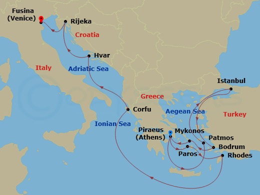 EXPLORA II - 14 Night - An Extended Journey Into Sensory Delights & Striking Nature - EXPLORA II - Starting in Piraeus (Athens), Patmos, Istanbul, Bodrum, Mykonos, Piraeus.. itinerary map