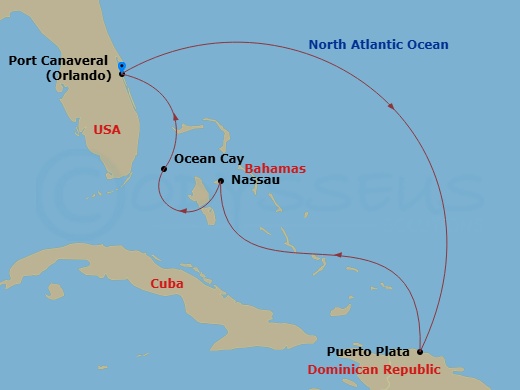 MSC Seashore - 7 Night - Caribbean and Antilles - MSC Seashore - Starting in Port Canaveral (Orlando), Florida, Puerto Plata, Dominican Republic, Nassau, Bahamas, Ocean Cay.. itinerary map