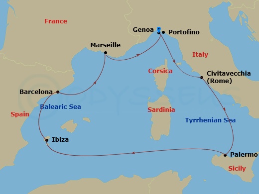 MSC Seaview - 7 Night - Mediterranean - MSC Seaview - Starting in Genoa (Portofino), Italy, Civitavecchia (Rome), Italy, Palermo (Monreale), Italy, Ibiza (Balearic Islands).. itinerary map