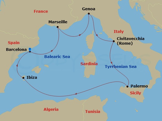 MSC Seaview - 7 Night - Mediterranean - MSC Seaview - Starting in Barcelona, Spain, Marseille (Provence), France, Genoa (Portofino), Italy, Civitavecchia (Rome), Italy, Pal.. itinerary map