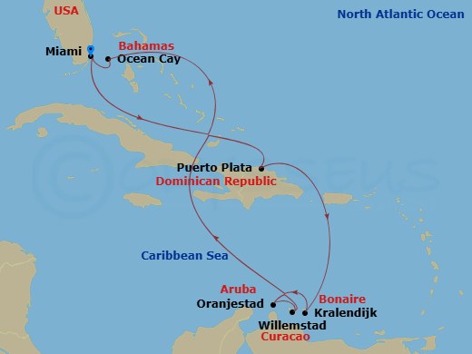 EXPLORA II - 10 Night - A Journey from Miami to Miami - EXPLORA II - Starting in Miami, Puerto Plata, Dominican Republic, Kralendijk, Oranjestad, Willemstad AN, Ocean Cay,.. itinerary map