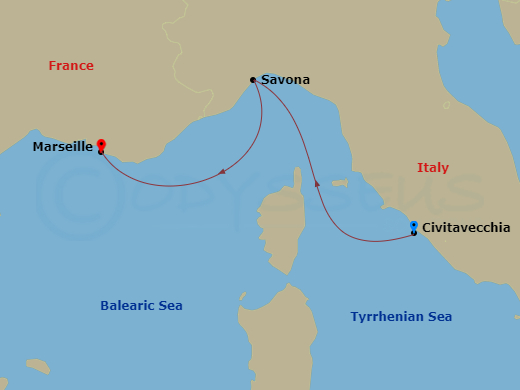 Costa Smeralda - 2 Night - Southern Europe from Rome (Civitavecchia) to Marseille - Costa Smeralda - Starting in Civitavecchia, Savona, Marseille itinerary map