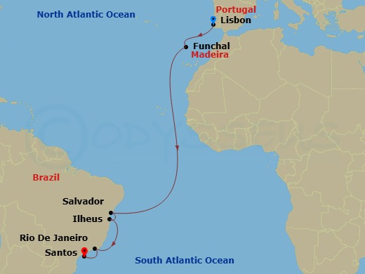 13 Night - Msc Grand Voyages - MSC Musica - Starting in Lisbon (Cascais), Portugal, Funchal (Madeira Islands), Portugal, Salvador, Brazil, Ilheus, Brazil, Rio De Janeiro, Brazil, Santos (Sao Paulo), Brazil itinerary map