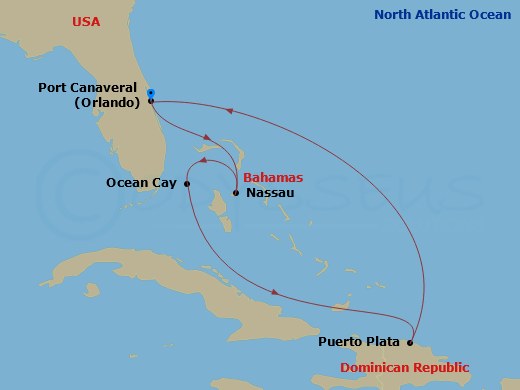 MSC Grandiosa - 7 Night - Caribbean and Antilles - MSC Grandiosa - Starting in Port Canaveral (Orlando), Florida, Nassau, Bahamas, Ocean Cay Msc Marine Reserve, Bahamas, Puer.. itinerary map