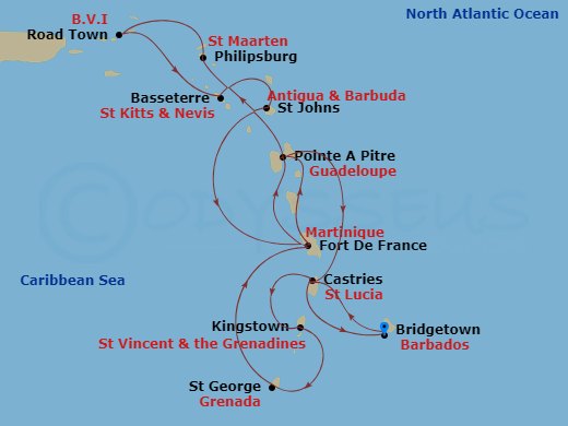 14 Night - South Caribbean - MSC Virtuosa - Starting in Bridgetown, Barbados, Castries, Saint Lucia, Kingstown, St Vincent and the Grenadines, Saint George, Grenada, Fort-de-France, Martinique, Pointe-A-Pitre, Guadeloupe, Philipsburg, St Maarten, Road Town (Tortola), British Virgin Islands, Basseterre, St Kitts and Nevis, St Johns AG, Antigua, Fort-de-France, Martinique, Pointe-A-Pitre, Guadeloupe, Castries, Saint Lucia, Bridgetown, Barbados itinerary map
