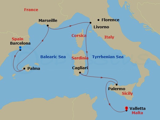 6 Night - Bcn - MSC Splendida - Starting in Barcelona, Spain, Palma De Mallorca (Balearic Islands), Spain, Marseille (Provence), France, Livorno (Florence), Italy, Cagliari (Sardinia), Italy, Palermo (Monreale), Italy, Valletta, Malta itinerary map