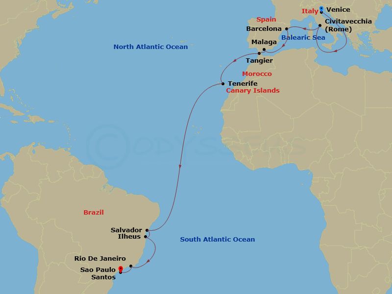 21 Night - Msc Grand Voyages - MSC Lirica - Starting in Venice / Marghera, Italy, Civitavecchia (Rome), Italy, Barcelona, Spain, Malaga (Granada), Spain, Tangier (Tetouan), Morocco, Santa Cruz de Tenerife, Salvador, Brazil, Ilheus, Brazil, Rio De Janeiro, Brazil, Santos (Sao Paulo), Brazil itinerary map