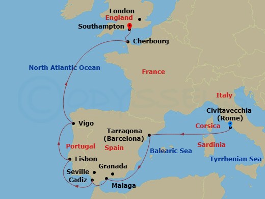 11 Night - Northern Europe - MSC Meraviglia - Starting in Civitavecchia (Rome), Italy, Tarragona, Spain, Malaga (Granada), Spain, Cadiz (Seville), Spain, Lisbon (Cascais), Portugal, Vigo (Santiago De Compostela), Spain, Cherbourg (Mont Saint-Michel), France, Southampton (London), United Kingdom itinerary map