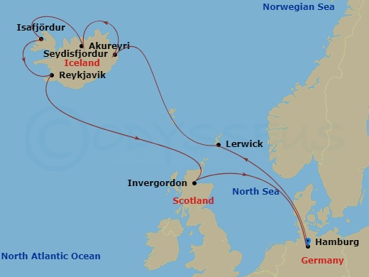 12 Night - Ham - MSC Preziosa - Starting in Hamburg, Germany, Lerwick (Shetland Islands), United Kingdom, Seydisfjordur, Iceland, Akureyri, Iceland, Isafjordur, Iceland, Reykjavik, Iceland, Invergordon, United Kingdom, Hamburg, Germany itinerary map