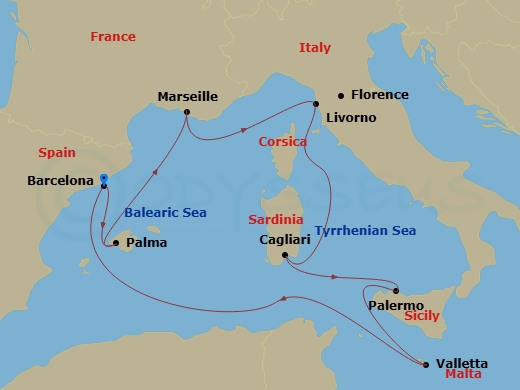 8 Night - Mediterranean - MSC Splendida - Starting in Barcelona, Spain, Palma De Mallorca (Balearic Islands), Spain, Marseille (Provence), France, Livorno (Florence), Italy, Cagliari (Sardinia), Italy, Palermo (Monreale), Italy, Valletta, Malta, Barcelona, Spain itinerary map