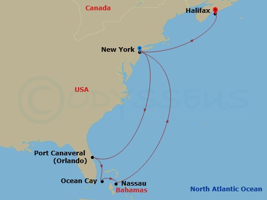 9 Night - Nyc - MSC Meraviglia - Starting in New York, Port Canaveral (Orlando), Ocean Cay Msc Marine Reserve, Bahamas, Nassau, Bahamas, New York, Halifax, Canada itinerary map