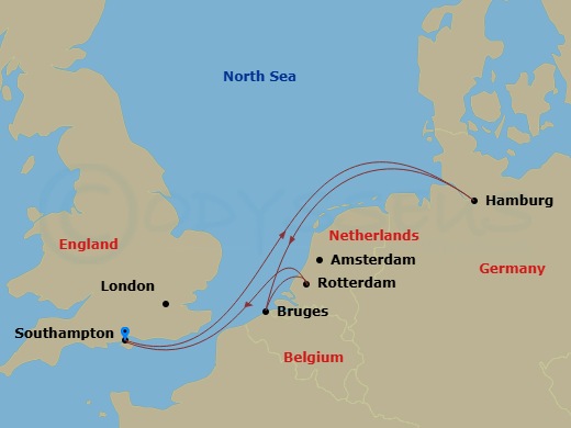 6 Night - Northern Europe - MSC Preziosa - Starting in Southampton (London), United Kingdom, Hamburg, Germany, Zeebrugge (Bruges), Belgium, Rotterdam (Amsterdam), Netherlands, Southampton (London), United Kingdom itinerary map