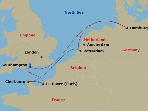 7 Night - Northern Europe - MSC Preziosa - Starting in Southampton (London), United Kingdom, Hamburg, Germany, Rotterdam (Amsterdam), Netherlands, Cherbourg (Mont Saint-Michel), France, Le Havre (Paris), France, Southampton (London), United Kingdom itinerary map