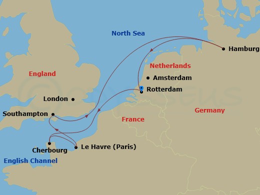 7 Night - Northern Europe - MSC Preziosa - Starting in Rotterdam (Amsterdam), Netherlands, Cherbourg (Mont Saint-Michel), France, Le Havre (Paris), France, Southampton (London), United Kingdom, Hamburg, Germany, Rotterdam (Amsterdam), Netherlands itinerary map