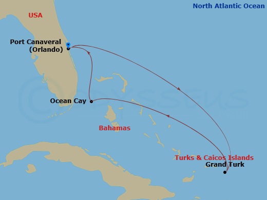 5 Night - Caribbean Roundtrip from Orlando (Port Canaveral) - MSC Seashore - Starting in Port Canaveral (Orlando), Grand Turk Island Turks and Caicos, Ocean Cay Msc Marine Reserve, Bahamas, Port Canaveral (Orlando) itinerary map