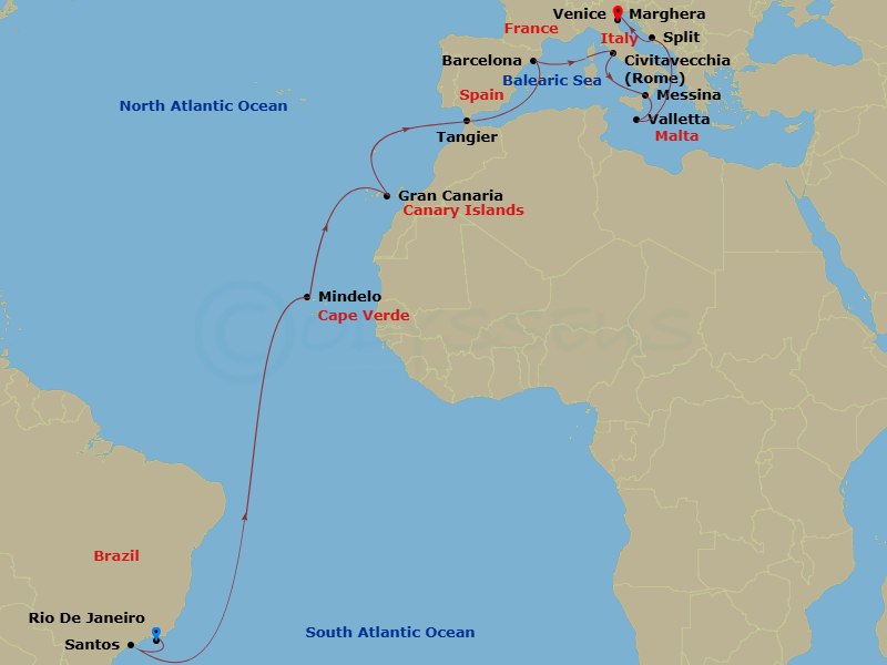 22 Night - Msc Grand Voyages - MSC Armonia - Starting in Rio De Janeiro, Brazil, Santos (Sao Paulo), Brazil, Mindelo, Cape Verde, Las Palmas de Gran Canaria (Canary Islands), Spain, Tangier (Tetouan), Morocco, Barcelona, Spain, Civitavecchia (Rome), Italy, Messina (Taormina), Italy, Valletta, Malta, Split, Croatia, Venice / Marghera, Italy itinerary map