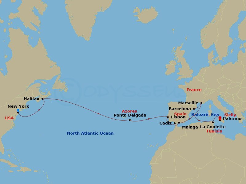 19 Night - MSC Grand Voyages - MSC Meraviglia - Starting in New York, Halifax, Canada, Ponta Delgada (Azores), Portugal, Lisbon (Cascais), Portugal, Cadiz (Seville), Spain, Malaga (Granada), Spain, Marseille (Provence), France, Barcelona, Spain, La Goulette, Tunisia, Palermo (Monreale), Italy itinerary map