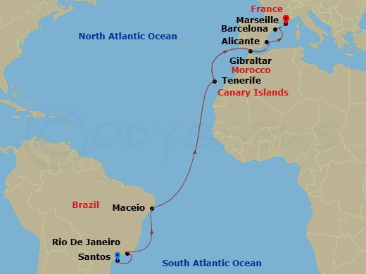 16 Night - Msc Grand Voyages - MSC Seaview - Starting in Santos (Sao Paulo), Brazil, Rio De Janeiro, Brazil, Maceio, Brazil, Santa Cruz de Tenerife, Gibraltar, Alicante, Spain, Barcelona, Spain, Marseille (Provence), France itinerary map