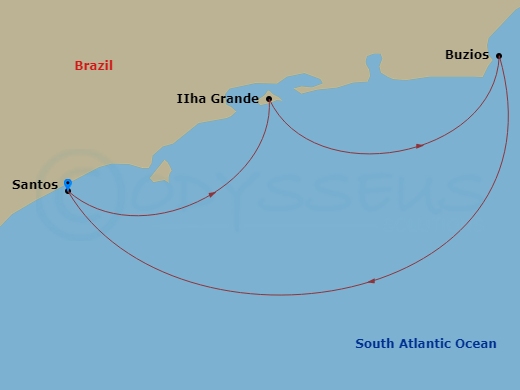 4 Night - South America - MSC Divina - Starting in Santos (Sao Paulo), Brazil, Ilha Grande, Brazil, Buzios, Brazil, Santos (Sao Paulo), Brazil itinerary map