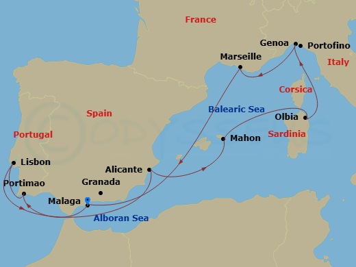 10 Night - Mediterranean - MSC Sinfonia - Starting in Malaga (Granada), Spain, Portimao, Portugal, Lisbon (Cascais), Portugal, Alicante, Spain, Mahon, Menorca, Spain, Olbia, Italy, Genoa (Portofino), Italy, Marseille (Provence), France, Malaga (Granada), Spain itinerary map