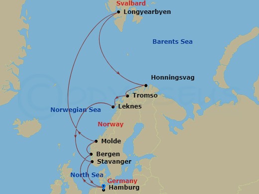 14 Night - Northern Europe - MSC Preziosa - Starting in Hamburg, Germany, Bergen, Norway, Molde, Norway, Longyearbyen (Spitsbergen), Svalbard, Honningsvag (North Cape), Norway, Tromso, Norway, Leknes, Stavanger (Lysefijord), Norway, Hamburg, Germany itinerary map