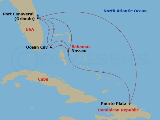 MSC Seashore - 11 Night - Caribbean and Antilles - MSC Seashore - Starting in Port Canaveral (Orlando), Florida, Puerto Plata, Dominican Republic, Nassau, Bahamas, Ocean Cay.. itinerary map