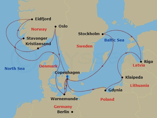 MSC Magnifica - 14 Night - Northern Europe - MSC Magnifica - Starting in Copenhagen, Denmark, Warnemunde (Berlin), Germany, Gdynia (Gdansk), Poland, Klaipeda, Lithuania, Riga.. itinerary map