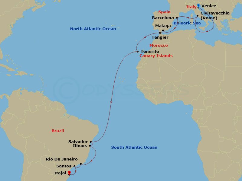 MSC Lirica - 22 Night - Msc Grand Voyages - MSC Lirica - Starting in Venice / Marghera, Italy, Civitavecchia (Rome), Italy, Barcelona, Spain, Malaga (Granada), Spain, Tang.. itinerary map