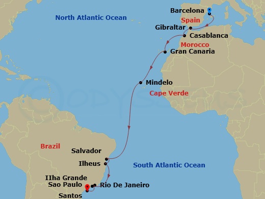 15 Night - Msc Grand Voyages - MSC Divina - Starting in Barcelona, Spain, Las Palmas de Gran Canaria (Canary Islands), Spain, Salvador, Brazil, Ilheus, Brazil, Ilha Grande, Brazil, Rio De Janeiro, Brazil, Santos (Sao Paulo), Brazil itinerary map