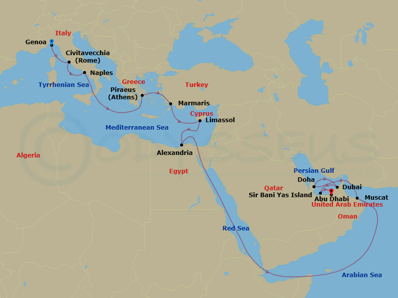 23 Night - Msc Grand Voyages - MSC World Europa - Starting in Genoa (Portofino), Italy, Civitavecchia (Rome), Italy, Naples (Pompeii), Italy, Piraeus (Athens), Greece, Marmaris, Turkey, Limassol, Cyprus, Alexandria EG, Egypt, Suez Canal (Transit), Egypt, Muscat, Oman, Doha, Qatar, Dubai, United Arab Emirates, Sir Baniyas Island, UAE, Abu Dhabi, United Arab Emirates itinerary map