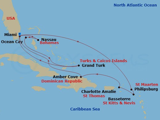14 Night - Caribbean and Antilles - MSC Meraviglia - Starting in Miami, Florida, Philipsburg, St Maarten, Basseterre, St Kitts and Nevis, Charlotte Amalie (St Thomas) Virgin Islands, Amber Cove, Dominican Republic, Miami, Florida, Nassau, Bahamas, Ocean Cay Msc Marine Reserve, Bahamas, Grand Turk Island, Turks and Caicos, Miami, Florida itinerary map