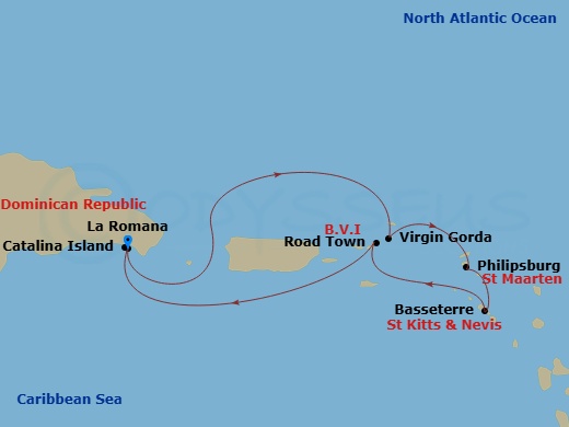 MSC Opera - 7 Night - South Caribbean - MSC Opera - Starting in La Romana, Dominican Republic, Virgin Gorda, British Virgin Islands, Philipsburg, St Maarten, Basseterre,.. itinerary map