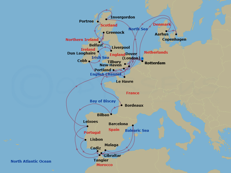 42 Night - Solar Eclipse & British Isles - Nieuw Statendam - Starting in Rotterdam, the Netherlands, Copenhagen, Denmark, Aarhus, Denmark, Tilbury (London), England, United Kingdom, Portland UK (Weymouth), England, United Kingdom, Le Havre (Paris), France, Le Verdon (Bordeaux), France, Bilbao, Lisbon, Portugal, Cadiz (Seville), Spain, Tangier, Morocco, Malaga, Spain, Barcelona, Spain, Gibraltar, Leixoes (Porto), Portugal, Dover UK (London), England, Rotterdam, the Netherlands, Newhaven (Edinburgh), United Kingdom, Invergordon (Inverness), Scotland, United Kingdom, Portree (Isle of Skye), Scotland, United Kingdom, Belfast, Northern Ireland, United Kingdom, Greenock (Glasgow), Scotland, United Kingdom, Liverpool, England, United Kingdom, Dun Laoghaire (Dublin), Ireland, Cobh (Cork), Ireland, Dover UK (London), England, Rotterdam, the Netherlands itinerary map