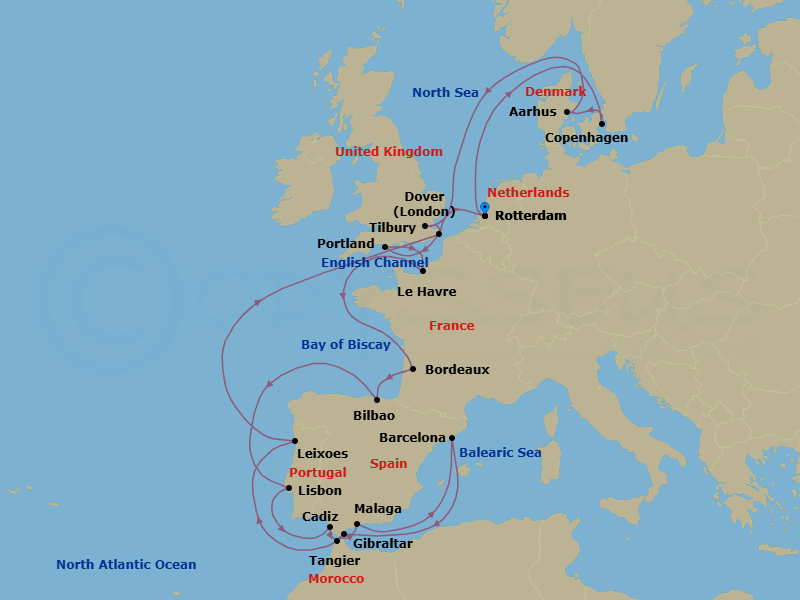 28 Night - Legendary Solar Eclipse & Cosmic Port Explorer - Nieuw Statendam - Starting in Rotterdam, the Netherlands, Copenhagen, Denmark, Aarhus, Denmark, Tilbury (London), England, United Kingdom, Portland UK (Weymouth), England, United Kingdom, Le Havre (Paris), France, Le Verdon (Bordeaux), France, Bilbao, Lisbon, Portugal, Cadiz (Seville), Spain, Tangier, Morocco, Malaga, Spain, Barcelona, Spain, Gibraltar, Leixoes (Porto), Portugal, Dover UK (London), England, Rotterdam, the Netherlands itinerary map