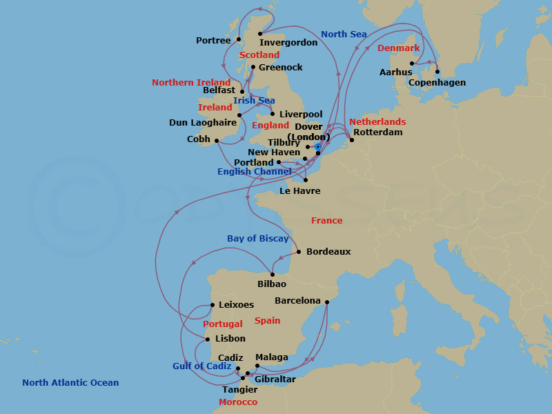 42 Night - Solar Eclipse & British Isles - Nieuw Statendam - Starting in Dover UK (London), England, Rotterdam, the Netherlands, Copenhagen, Denmark, Aarhus, Denmark, Tilbury (London), England, United Kingdom, Portland UK (Weymouth), England, United Kingdom, Le Havre (Paris), France, Le Verdon (Bordeaux), France, Bilbao, Lisbon, Portugal, Cadiz (Seville), Spain, Tangier, Morocco, Malaga, Spain, Barcelona, Spain, Gibraltar, Leixoes (Porto), Portugal, Dover UK (London), England, Rotterdam, the Netherlands, Newhaven (Edinburgh), United Kingdom, Invergordon (Inverness), Scotland, United Kingdom, Portree (Isle of Skye), Scotland, United Kingdom, Belfast, Northern Ireland, United Kingdom, Greenock (Glasgow), Scotland, United Kingdom, Liverpool, England, United Kingdom, Dun Laoghaire (Dublin), Ireland, Cobh (Cork), Ireland, Dover UK (London), England itinerary map
