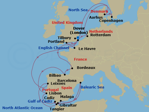 28 Night - Legendary Solar Eclipse & Cosmic Port Explorer - Nieuw Statendam - Starting in Dover UK (London), England, Rotterdam, the Netherlands, Copenhagen, Denmark, Aarhus, Denmark, Tilbury (London), England, United Kingdom, Portland UK (Weymouth), England, United Kingdom, Le Havre (Paris), France, Le Verdon (Bordeaux), France, Bilbao, Lisbon, Portugal, Cadiz (Seville), Spain, Tangier, Morocco, Malaga, Spain, Barcelona, Spain, Gibraltar, Leixoes (Porto), Portugal, Dover UK (London), England itinerary map