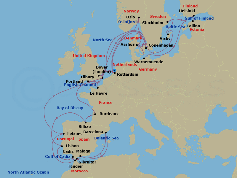 42 Night - Baltic Capitals & Solar Eclipse - Nieuw Statendam - Starting in Rotterdam, the Netherlands, Copenhagen, Denmark, Aarhus, Denmark, Warnemunde (Berlin), Germany, Tallinn, Estonia, Helsinki, Finland, Stockholm, Sweden, Visby, Gotland, Sweden, Oslo, Norway, Scenic cruising Oslofjord, Dover UK (London), England, Rotterdam, the Netherlands, Copenhagen, Denmark, Aarhus, Denmark, Tilbury (London), England, United Kingdom, Portland UK (Weymouth), England, United Kingdom, Le Havre (Paris), France, Le Verdon (Bordeaux), France, Bilbao, Lisbon, Portugal, Cadiz (Seville), Spain, Tangier, Morocco, Malaga, Spain, Barcelona, Spain, Gibraltar, Leixoes (Porto), Portugal, Dover UK (London), England, Rotterdam, the Netherlands itinerary map