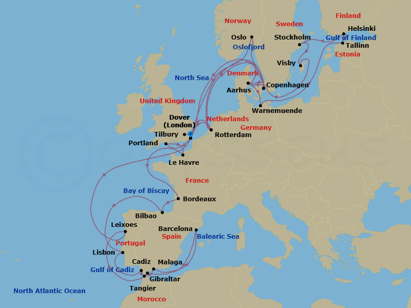 42 Night - Baltic Capitals & Solar Eclipse - Nieuw Statendam - Starting in Dover UK (London), England, Rotterdam, the Netherlands, Copenhagen, Denmark, Aarhus, Denmark, Warnemunde (Berlin), Germany, Tallinn, Estonia, Helsinki, Finland, Stockholm, Sweden, Visby, Gotland, Sweden, Oslo, Norway, Scenic cruising Oslofjord, Dover UK (London), England, Rotterdam, the Netherlands, Copenhagen, Denmark, Aarhus, Denmark, Tilbury (London), England, United Kingdom, Portland UK (Weymouth), England, United Kingdom, Le Havre (Paris), France, Le Verdon (Bordeaux), France, Bilbao, Lisbon, Portugal, Cadiz (Seville), Spain, Tangier, Morocco, Malaga, Spain, Barcelona, Spain, Gibraltar, Leixoes (Porto), Portugal, Dover UK (London), England itinerary map