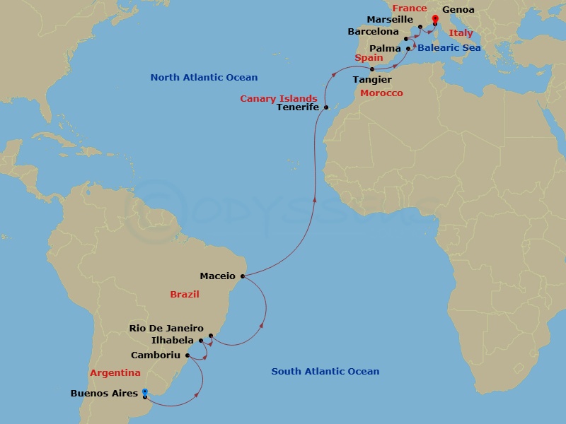 MSC Fantasia - 21 Night - Msc Grand Voyages - MSC Fantasia - Starting in Buenos Aires, Argentina, Camboriu, Brazil, Ilhabela, Brazil, Rio De Janeiro, Brazil, Maceio, Brazil,.. itinerary map