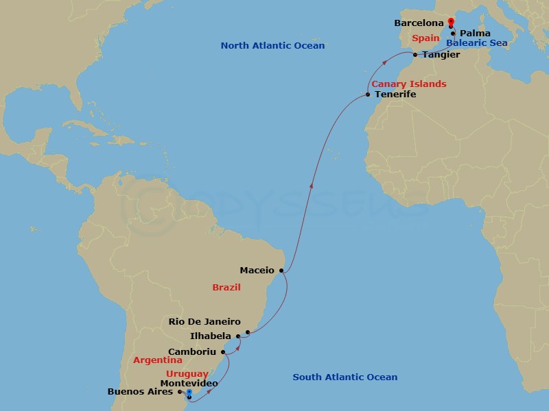MSC Fantasia - 20 Night - Msc Grand Voyages - MSC Fantasia - Starting in Montevideo, Uruguay, Buenos Aires, Argentina, Camboriu, Brazil, Ilhabela, Brazil, Rio De Janeiro, Br.. itinerary map