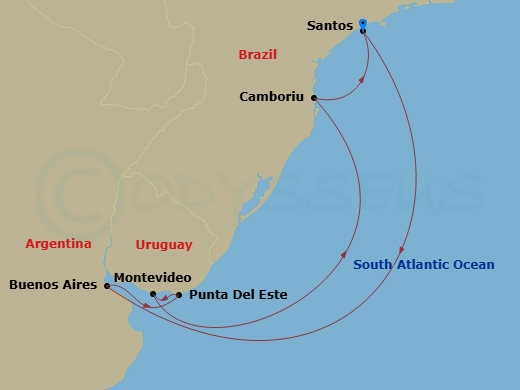 MSC Preziosa - 8 Night - South America - MSC Preziosa - Starting in Santos (Sao Paulo), Brazil, Montevideo, Uruguay, Buenos Aires, Argentina, Punta Del Este, Camboriu, Brazi.. itinerary map