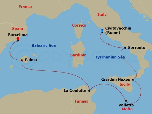 EXPLORA I - 7 Night - A Journey to Ancient Marvels & Sparkling Shorelines - EXPLORA I - Starting in Rome (Civitavecchia), Sorrento, Naxos (Taormina), Sicily, La Valletta,.. itinerary map